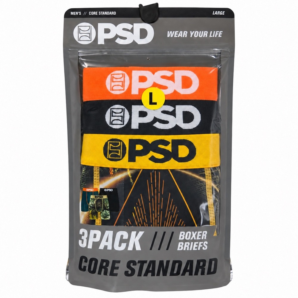 PSD Mens Core Standard Boxer Briefs 3 Pack Large Multicolor Graphic Logo NEW
